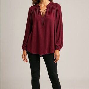 IRO Lyrena Long Sleeve Tie Neck Satin Blouse in Maroon